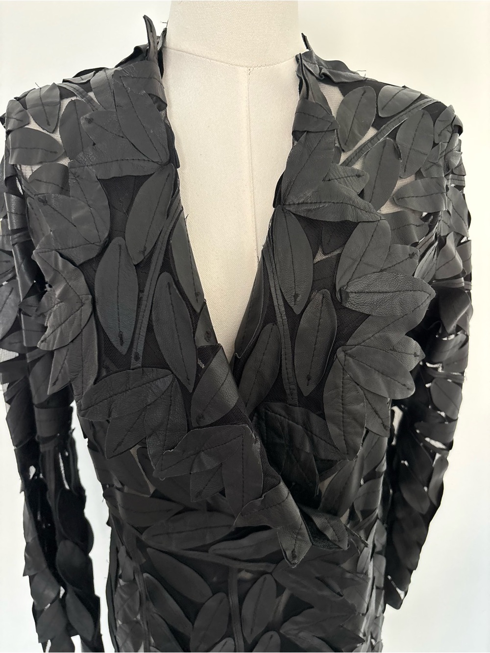 Black Leaf-Pattern Long Sheer laser cut long jacket